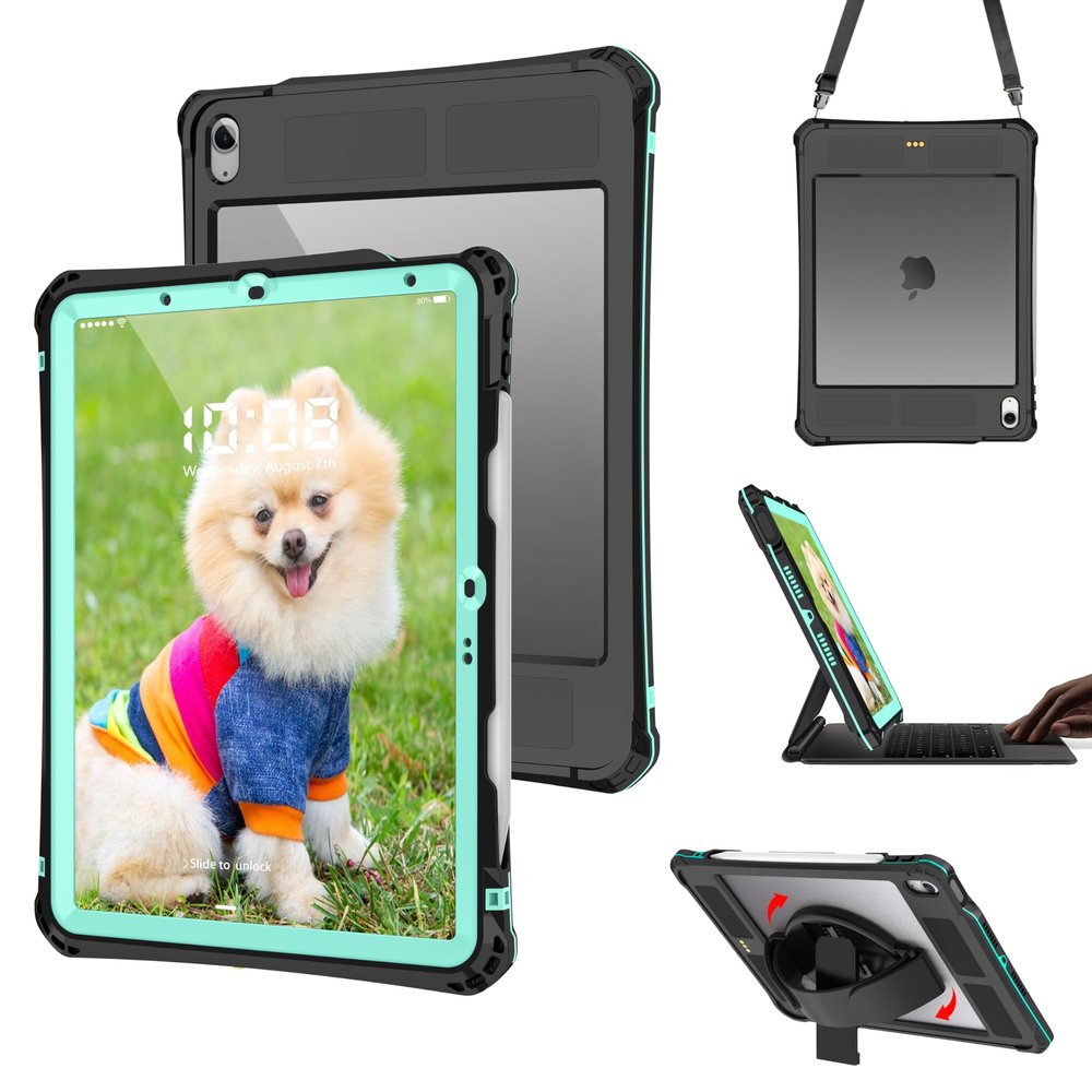 FXXXLTF iPad Air 11-inch M2 Case, iPad Air 5th Gen 10.9 Inch Shockproof Waterproof Cover with Lanyard & Pencil Holder & Kickstand, Teal