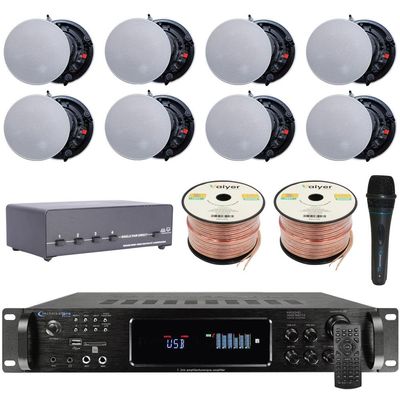 Vaiyer Home Audio System Kit 7.2 Channel 4500 Watts Bluetooth Amplifier w/ 8 Qty of 5.25" Frameless Ceiling Speakers 175W Each, 4-Ch Speaker Selector, Mic, 16 AWG 500 ft Speaker Wire & Remote