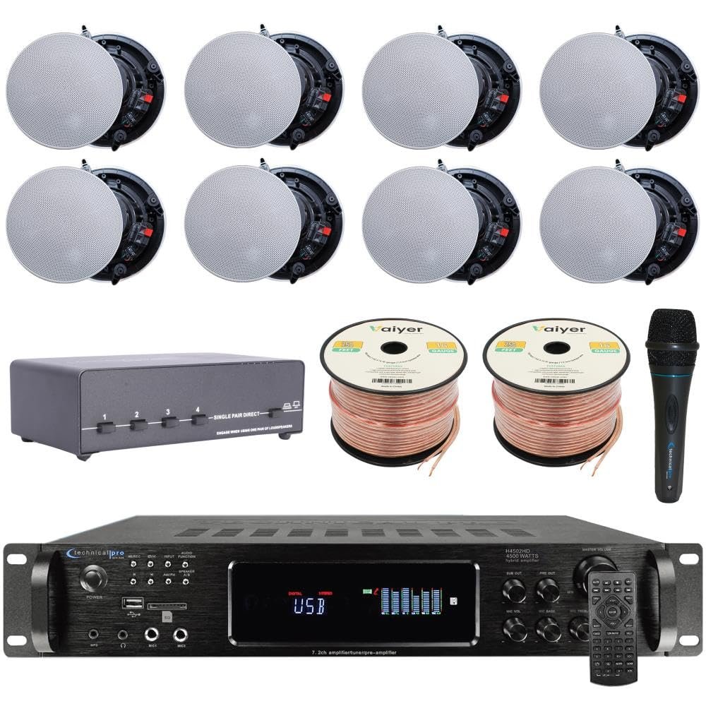 Vaiyer Home Audio System Kit 7.2 Channel 4500 Watts Bluetooth Amplifier w/ 8 Qty of 5.25" Frameless Ceiling Speakers 175W Each, 4-Ch Speaker Selector, Mic, 16 AWG 500 ft Speaker Wire & Remote