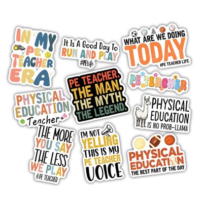10pcs Physical Education Teacher Sticker Sheet, Cute Vinyl Decals for PE Teachers, Coaches, and Active Classrooms, Waterproof, UV-Resistant, for Laptop, Water Bottle, Notebook, Journal, Clipboard
