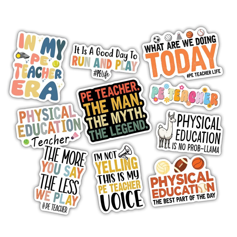 10pcs Physical Education Teacher Sticker Sheet, Cute Vinyl Decals for PE Teachers, Coaches, and Active Classrooms, Waterproof, UV-Resistant, for Laptop, Water Bottle, Notebook, Journal, Clipboard