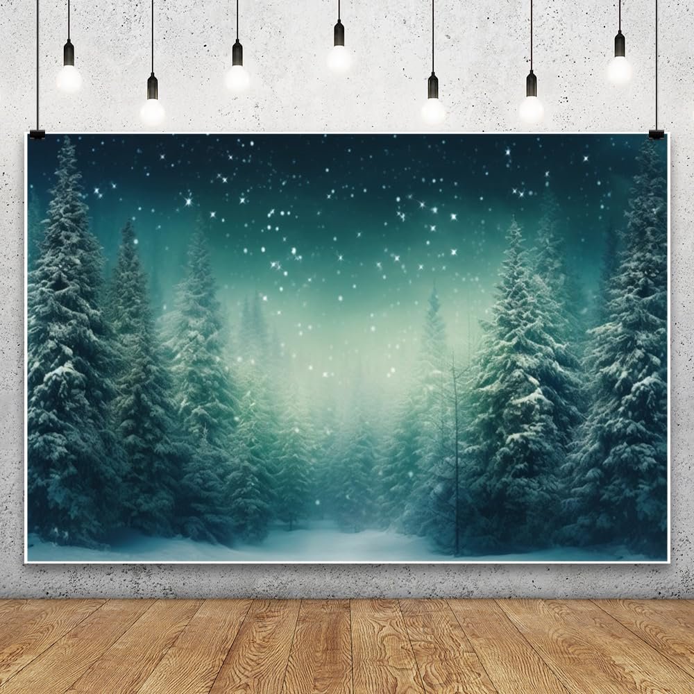 Leowefowa 15x8ft Winter Night Photo Backdrop Merry Christmas Snowing Forest Tree Background Fairy Tale Wonderland Nature Scenery Snowfield Decor Party Decor Banner Photo Supplies Prop