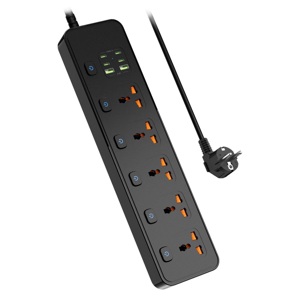 Universal Power Strip with USB Ports, Individual Swtich, 6ft Power Cord, 5 Universal AC Outlets, 4USB C and 2USB (5V/4.2A), Max 3000w, 110-240V, Child Safe Door, Multi Plug Power Strip for Travel