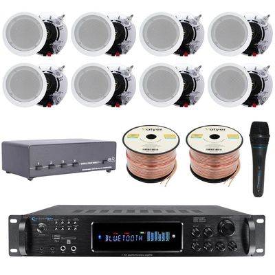 Vaiyer Home Theater System Kit - 7.2 Channel 3500 Watts Bluetooth Amplifier w/ 8 Qty of 5.25" Framed Ceiling Speakers 175W Each, 4-Ch Speaker Selector, Mic, 16 AWG 500 ft Speaker Wire & Remote