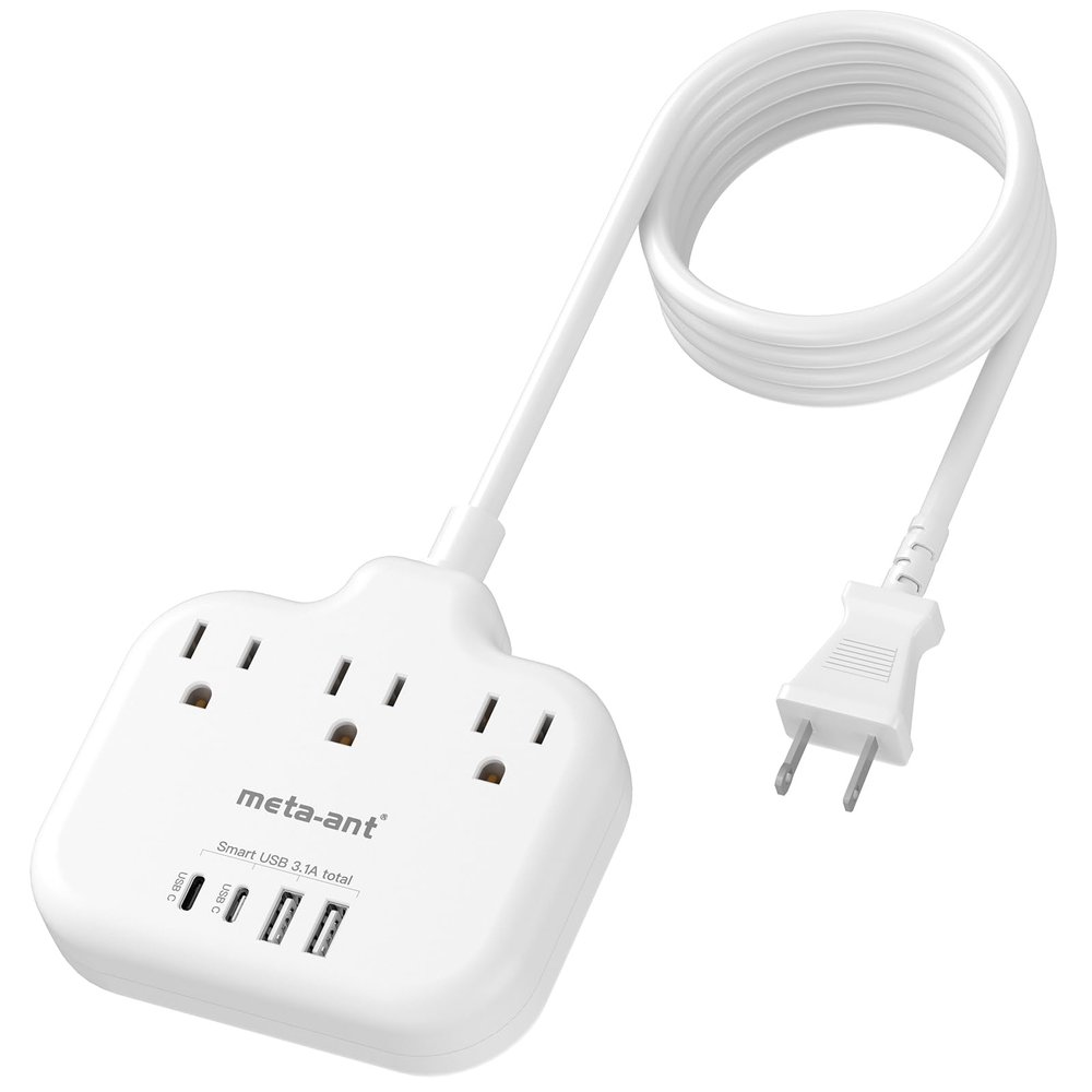 2 Prong Power Strip 10 Extension Cord, meta-ant 2 Prong to 3 Prong Outlet Adapter, Two Prong Power Strip with 3 Outlets & 4 USB(2 USB-C), 2 Prong Outlet, Polarized, for Old House,White