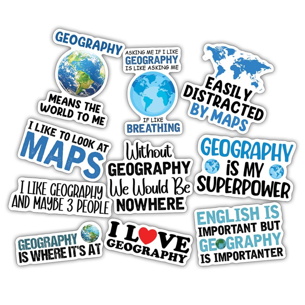 10pcs Geography Sticker Sheet, Educational and Cute Vinyl Decals for Geography Lovers, Teachers, World Travelers, Waterproof, UV-Resistant, for Laptop, Water Bottle, Journal, Notebook, Phone Case