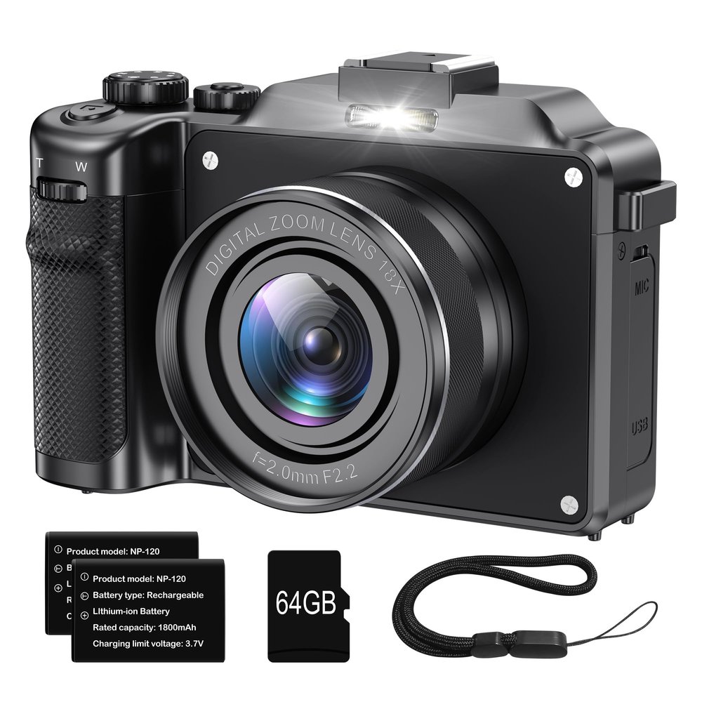 4K Digital Camera - 56MP Compact Video Camera with 18X Digital Zoom, Anti-Shake, Travel Autofocus, WiFi, Vlogging, Point and Shoot, 64GB TF Card, 2 Batteries