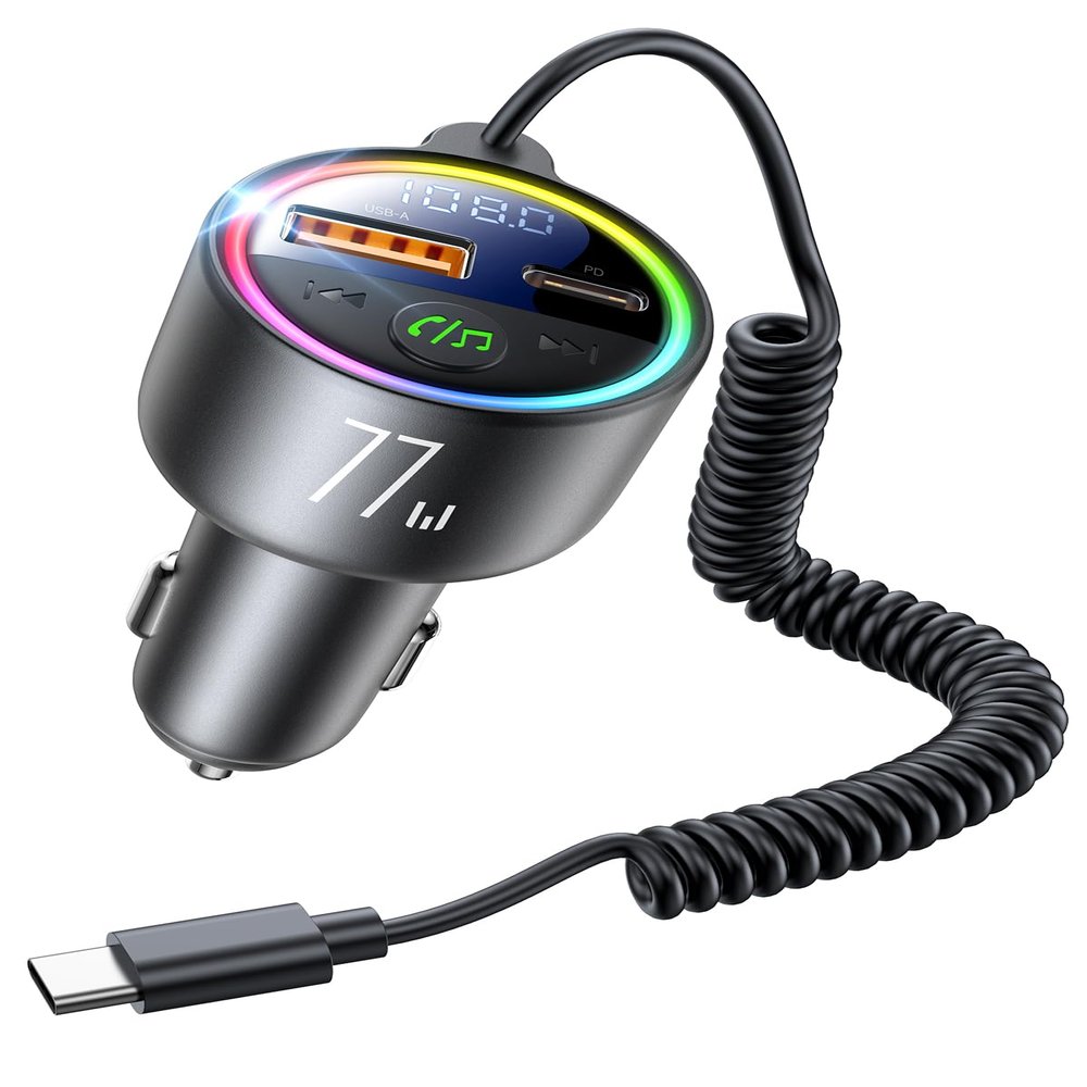 77W Bluetooth 5.4 FM Transmitter Car Adapter [PD3.0 65W+12W Fast Charging] Bluetooth Car Adapter [Deep Bass&Lossless Call Sound] Radio Bluetooth Transmitter for Car HiFi Mic & Colors LED Display