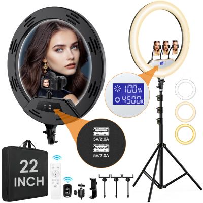 22in Large Ring Light with Stand,512pcs Bulbs Big Ring Light with 75" Tripod for iPhone/LED Display/4 Clips/2 USB Ports,2600K-6500K Dimmable Barber Light,for TikTok Video Recording Tattoo Lash Makeup