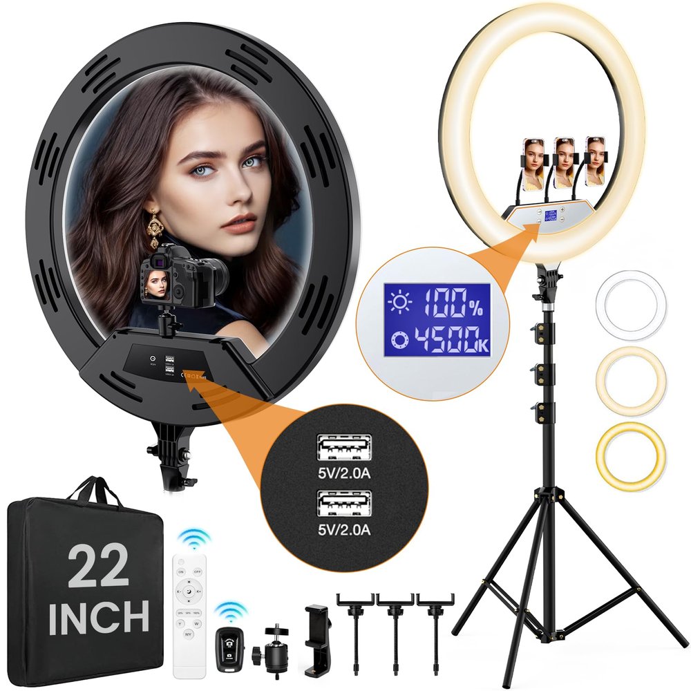 22in Large Ring Light with Stand,512pcs Bulbs Big Ring Light with 75" Tripod for iPhone/LED Display/4 Clips/2 USB Ports,2600K-6500K Dimmable Barber Light,for TikTok Video Recording Tattoo Lash Makeup
