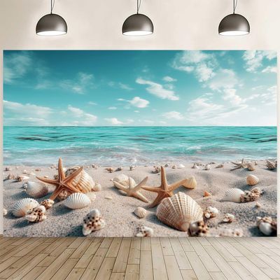 12x8ft Beach Backdrop Summer Blue Sea Sandbeach Photography Background Shell Conch Starfish Ocean Decorations Banner Seaside Sky Holiday Travel Vacation Party Photo Booth Props