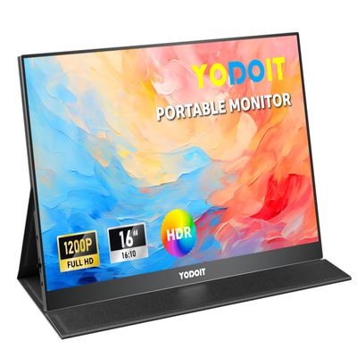 Yodoit Portable Monitor for Laptop 19201200 16" FHD Screen IPS Display with USB Type C Port, Built-in Speakers and Smart Cover Compatible with PC, MacBook, Xbox (Black)
