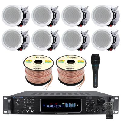 Vaiyer Framed Ceiling Speakers Kit 8X 5.25 175W Flush Mount Ceiling Speakers, 7.2 Channel 3500W Bluetooth Amplifier, Mic & 500ft Wire in Ceiling Speaker System for Home Theater, Office Use