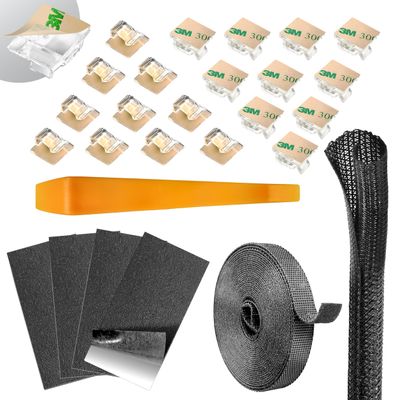 Dash Cam Cable Management Kit  Auto Trim Tool, 20 Clips Made with 3M Adhesive, 9.8 ft Reusable Cable Ties, 20" Sleeve, Adhesive Foam Sheets, Premium Cleaning Cloth  Compatible Car Wire Organizer