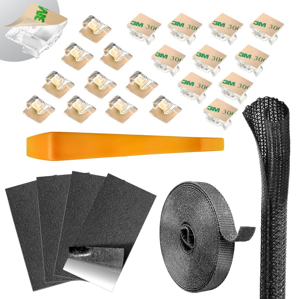 Dash Cam Cable Management Kit  Auto Trim Tool, 20 Clips Made with 3M Adhesive, 9.8 ft Reusable Cable Ties, 20" Sleeve, Adhesive Foam Sheets, Premium Cleaning Cloth  Compatible Car Wire Organizer