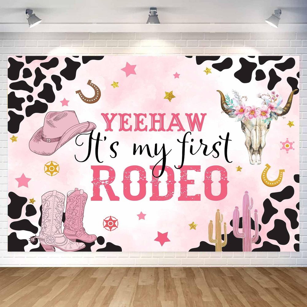 12X10ft Western Cowgirl Birthday Backdrop, Pink Birthday Photography Backdrop My First Rodeo Party Backdrop Western Cowgirl Theme Birthday Party Background Decor Portrait Photo Booth Props