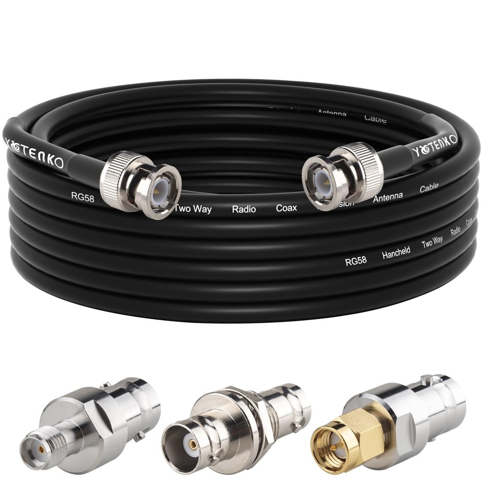 YOTENKO BNC Cable 25ft, BNC Male to Male Cable 50 Ohm RG58 Coaxial + Set of 3 BNC Female to Female/SMA Male/SMA Female Connector Adapters