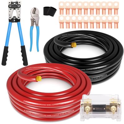 1/0 Gauge Wire Copper Clad Aluminum CCA 40FT Black/Red with 0ga lugs,250A ANL Fuse Holder and Heat Shrink Tube and Taukealugs Battery Cable Wire Lug Crimping Tool