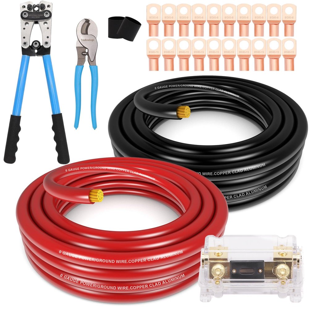 1/0 Gauge Wire Copper Clad Aluminum CCA 40FT Black/Red with 0ga lugs,250A ANL Fuse Holder and Heat Shrink Tube and Taukealugs Battery Cable Wire Lug Crimping Tool
