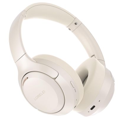 LORELEI QC60 Hybrid Active Noise Cancenlling Headphones,Wireless Over Ear Bluetooth Headsets with mic,100H Playtime 3 EQ Mode Deep Bass, Memory Earmuffs,for Travel Home Office(Beige White)