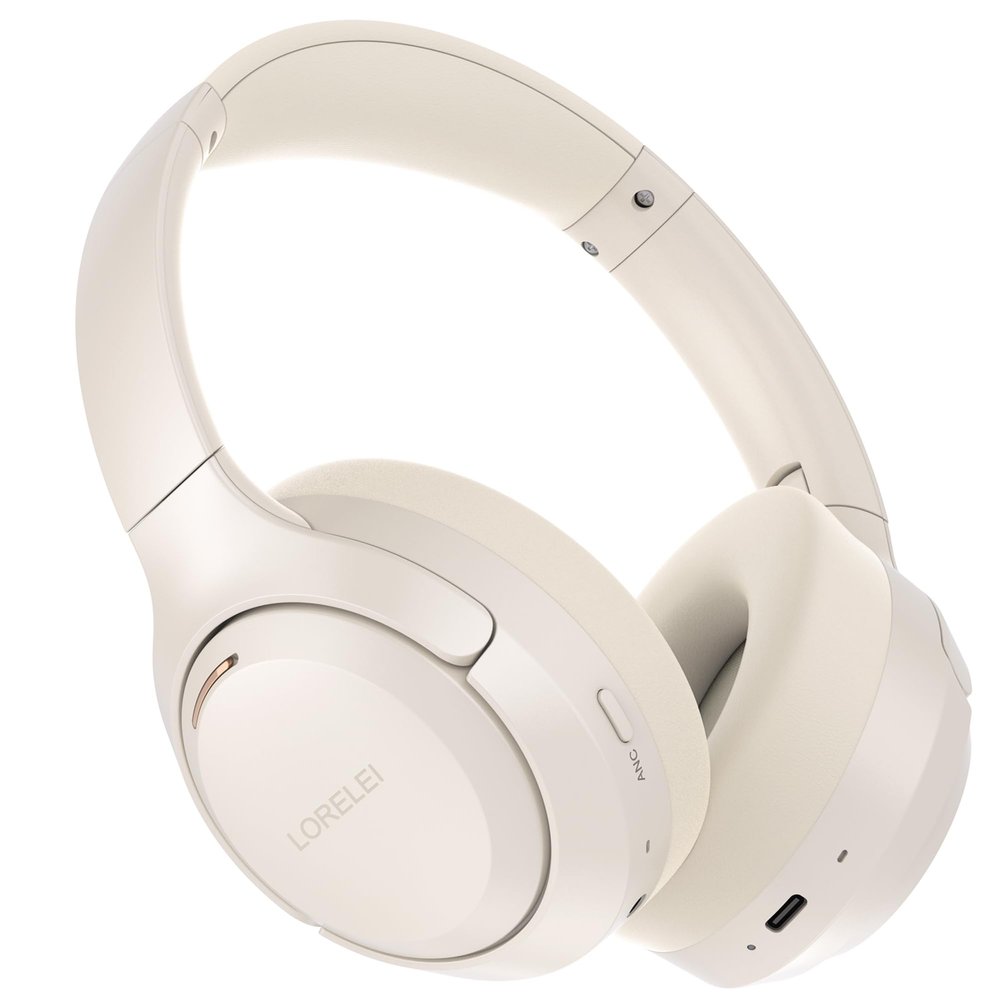 LORELEI QC60 Hybrid Active Noise Cancenlling Headphones,Wireless Over Ear Bluetooth Headsets with mic,100H Playtime 3 EQ Mode Deep Bass, Memory Earmuffs,for Travel Home Office(Beige White)