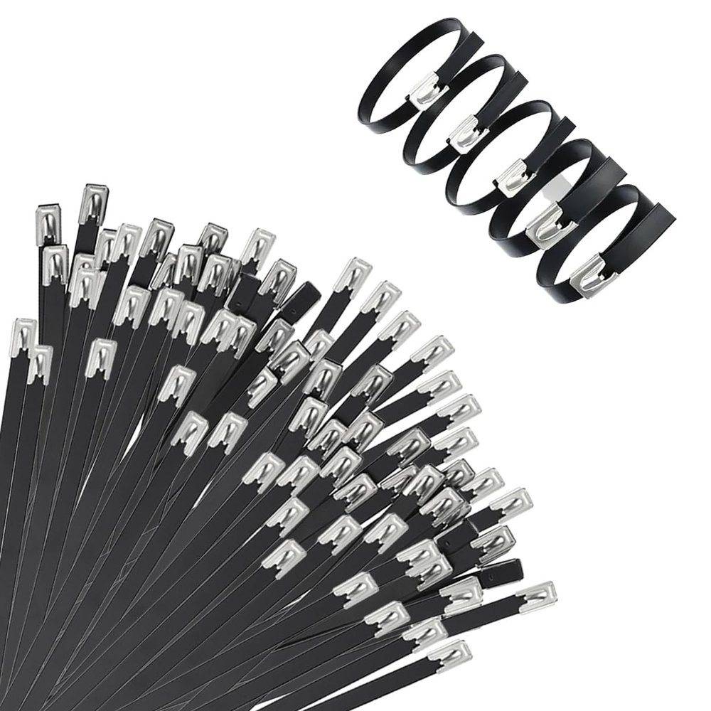 Aroono 50PCS Black Metal Zip Ties Heavy Duty, Stainless Steel Cable Ties 8" Long 304 Locking Multi Cable, Metal Wrap Wire Ties for Automotive Repair.