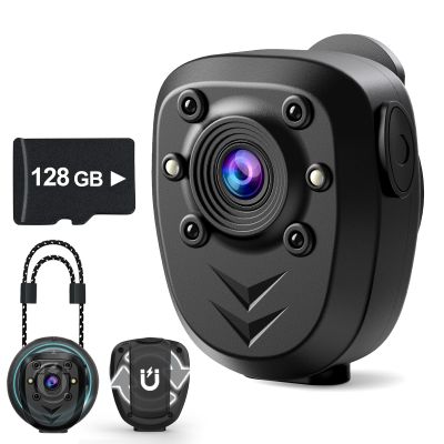 Mini Body Camera Video Recorder Built-in 128GB Card with Night Vision IR & Loop Record HD 1080P, 6 HR Battery Life Police Cam for Outdoor, Law Enforcement, Security Guard (128G With Magnetic Lanyard)