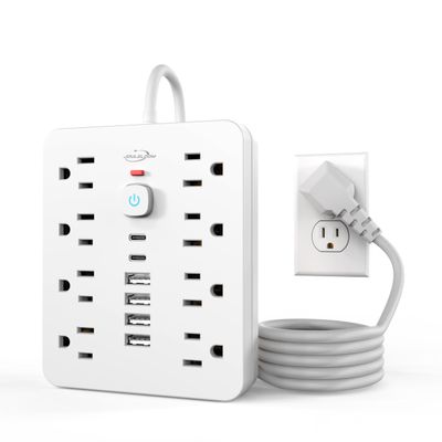 JouleLoom Power Strip Surge Protector with 8 Outlets, 4 USB and 2 USB C Ports, 5 Ft Extension Cord, Flat Plug, Wall Mount, Overload Protection Desk USB Charging Station for Home, OfficeWhite
