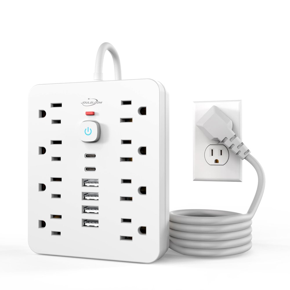 JouleLoom Power Strip Surge Protector with 8 Outlets, 4 USB and 2 USB C Ports, 5 Ft Extension Cord, Flat Plug, Wall Mount, Overload Protection Desk USB Charging Station for Home, OfficeWhite