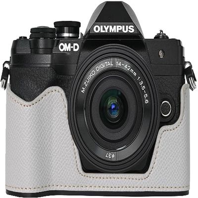 BMAOLLONGB E-M10 IV Case, Handmade PU Leather Half Camera Case Bag Cover Bottom Opening Version for Olympus OM-D E-M10 Mark IV With Hand Strap (White)