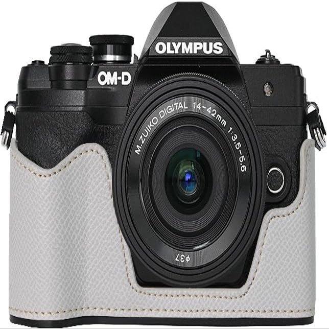 BMAOLLONGB E-M10 IV Case, Handmade PU Leather Half Camera Case Bag Cover Bottom Opening Version for Olympus OM-D E-M10 Mark IV With Hand Strap (White)