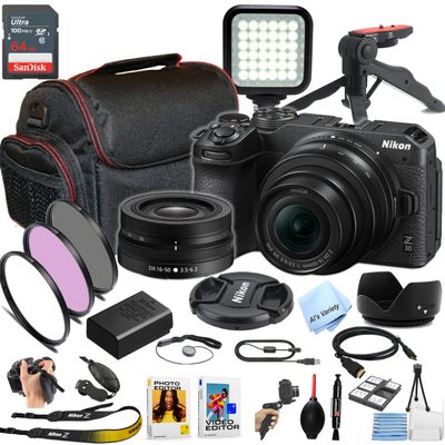 Nikon Z30 Mirrorless Digital Camera W/Nikkor Z 16-50mm Lens + 64GB Memory, LED Light, Filters, Case, Gripod, and More (Content Creator Bundle)