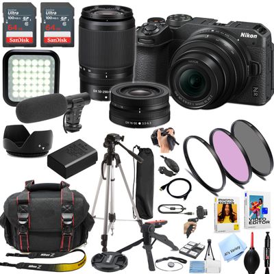 Nikon Z30 Mirrorless Digital Camera W/Nikkor Z 16-50mm & 50-250mm Lenses + 128GB Memory, LED Light, Microphone, Filters, Case, Tripod, and More (34pc Video Bundle) (Renewed)