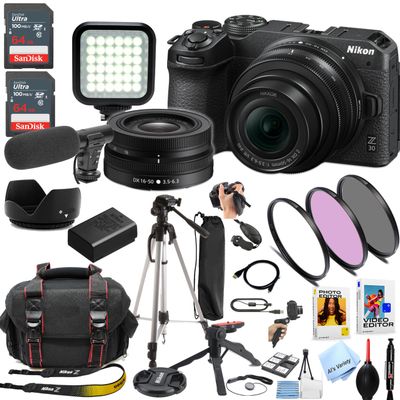 Nikon Z30 Mirrorless Digital Camera W/Nikkor Z 16-50mm Lens + 128GB Memory, LED Light, Microphone, Filters, Case, Tripod, and More (34pc Video Bundle) (Renewed)
