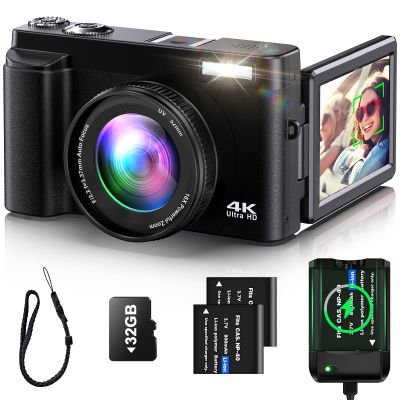 4K Digital Camera for Photography Auto-Focus Vlogging Camera for YouTube Video with 3'' 180 Flip Screen 16X Anti-Shake 4K Camera Compact Cameras with SD Card, Flash, 2 Batteries
