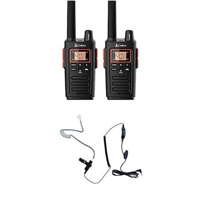 Cobra RX380 2-Pack Walkie Talkies & Compatible Cobra GA-SV01 2P Surveillance Headset Microphones: Rechargeable, 40 Preset Channels, Long Range 32-Mile Two-Way Radio Set, Black