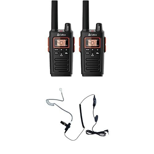 Cobra RX380 2-Pack Walkie Talkies & Compatible Cobra GA-SV01 2P Surveillance Headset Microphones: Rechargeable, 40 Preset Channels, Long Range 32-Mile Two-Way Radio Set, Black