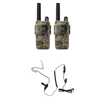Cobra RX380TTC 2-Pack Walkie Talkies & Compatible Cobra GA-SV01 2P Surveillance Headset Microphones: Rechargeable, 40 Preset Channels, Long Range 32-Mile Two-Way Radio Set, Camo