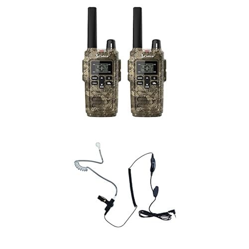 Cobra RX380TTC 2-Pack Walkie Talkies & Compatible Cobra GA-SV01 2P Surveillance Headset Microphones: Rechargeable, 40 Preset Channels, Long Range 32-Mile Two-Way Radio Set, Camo