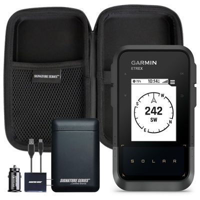 Garmin eTrex Solar Powered GPS Handheld Navigator | Unlimited Solar Charging, Bright Screen, Multi-Band GNSS, Digital Compass, Geochaching, for Hiking | with Signature Series Power Bundle