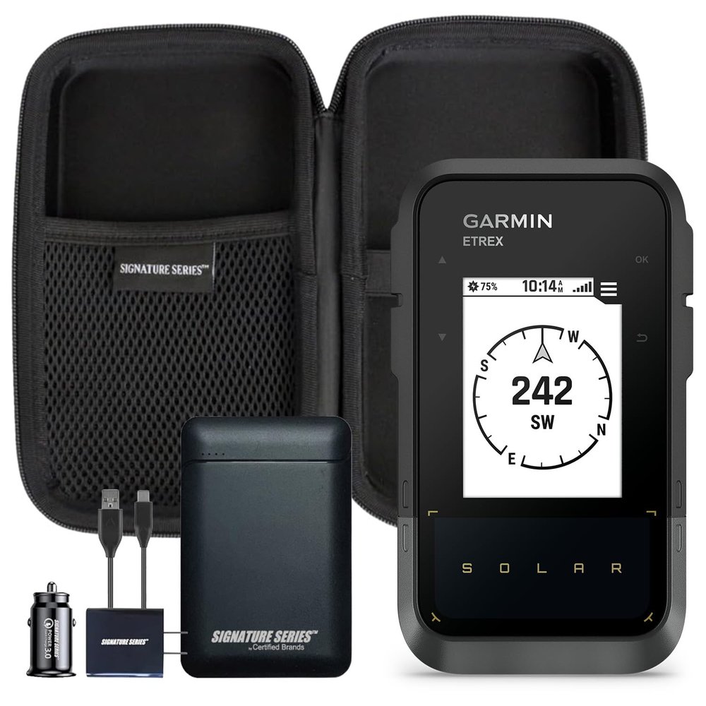 Garmin eTrex Solar Powered GPS Handheld Navigator | Unlimited Solar Charging, Bright Screen, Multi-Band GNSS, Digital Compass, Geochaching, for Hiking | with Signature Series Power Bundle