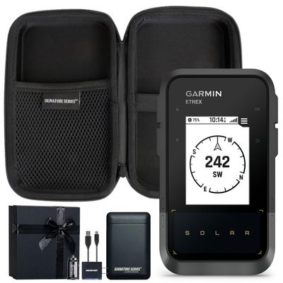 Garmin eTrex Solar Powered GPS Handheld Navigator | Unlimited Solar Charging, Bright Screen, Multi-Band GNSS, Digital Compass, Geochaching, for Hiking | with Signature Series Gift Bundle