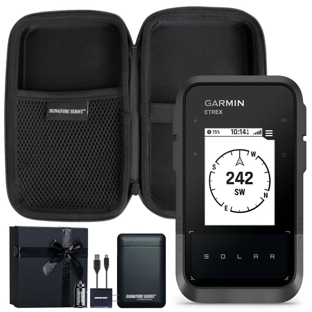 Garmin eTrex Solar Powered GPS Handheld Navigator | Unlimited Solar Charging, Bright Screen, Multi-Band GNSS, Digital Compass, Geochaching, for Hiking | with Signature Series Gift Bundle