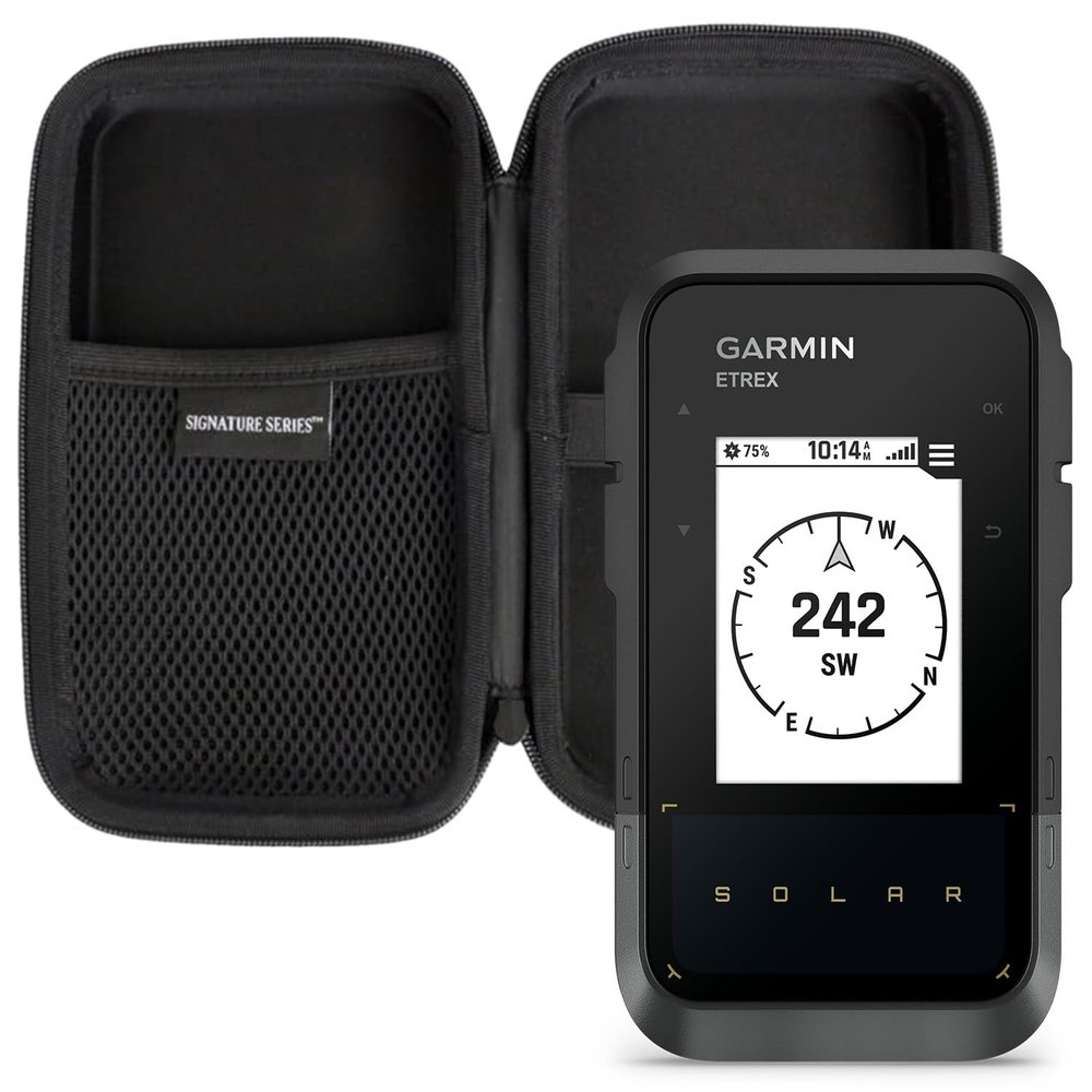 Garmin eTrex Solar Powered GPS Handheld Navigator | Unlimited Solar Charging, Bright Screen, Multi-Band GNSS, Digital Compass, Geocaching, for Hiking | with Signature Series Case Bundle