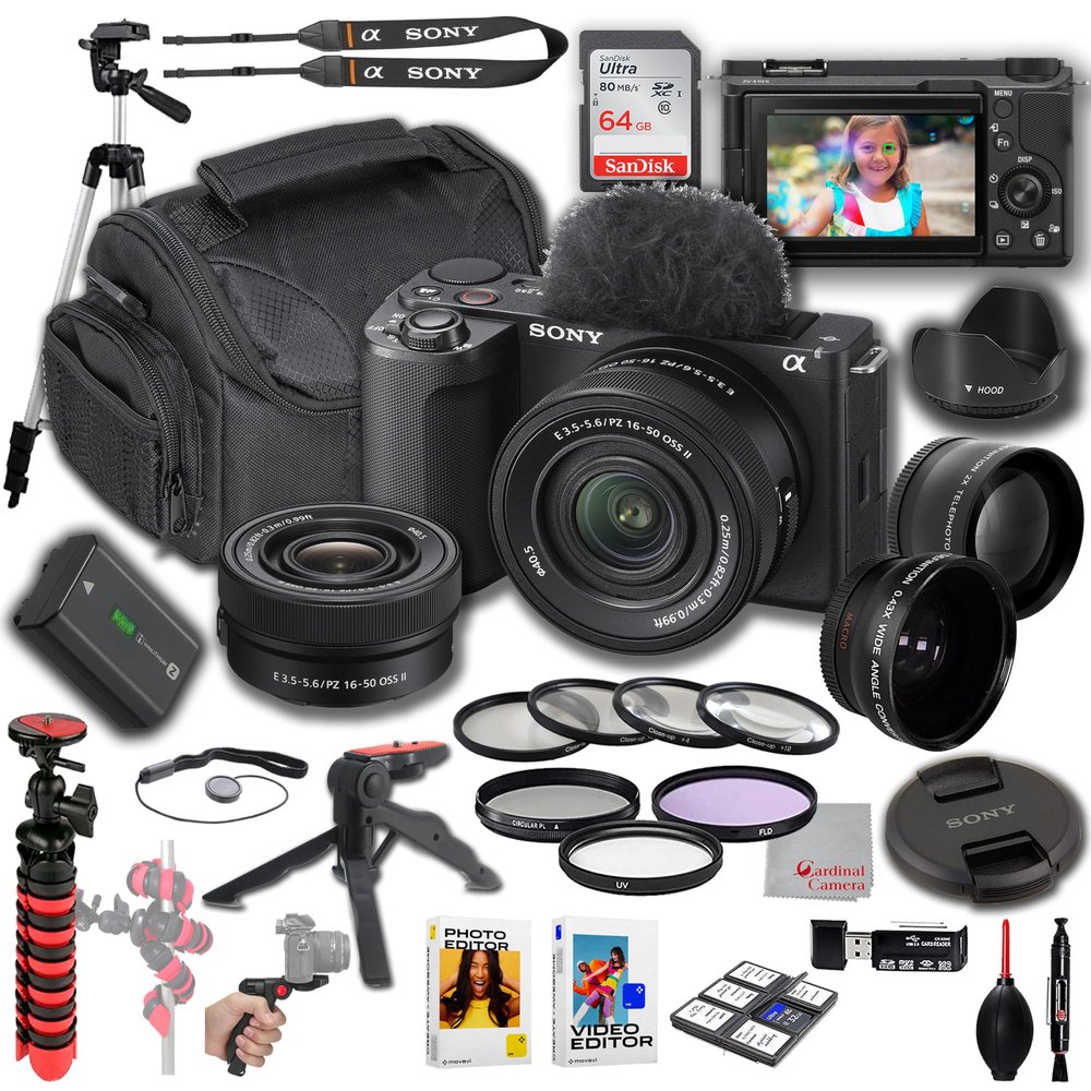 Sony ZV-E10 II + 16-50mm Lens, Wide Angle and Telephoto Lens, 64GB Memory, Filters, Tripod Kit, Deluxe Case, Software & More Pro Video Bundle (30pc)
