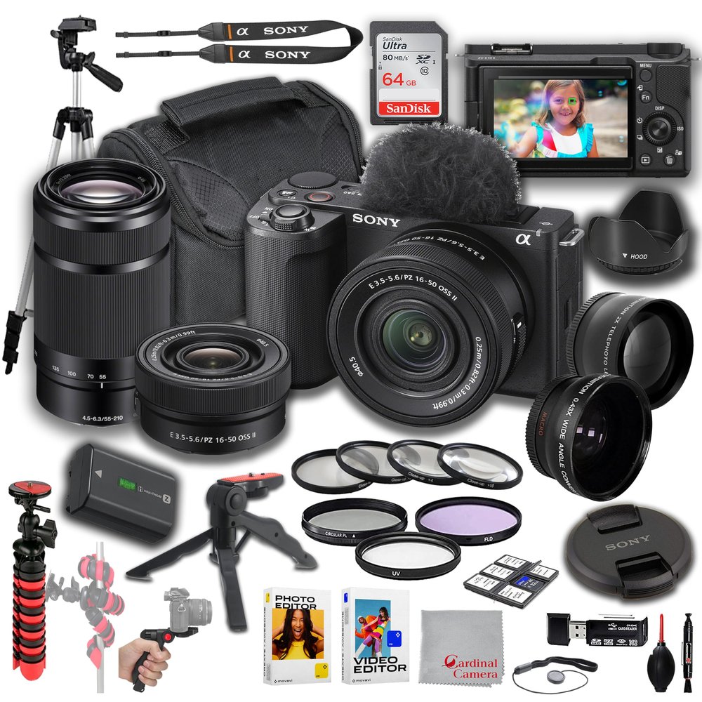 Sony ZV-E10 II Camera + Sony 16-50mm Lens + Sony E 55-210mm, Wide Angle and Telephoto Lens, 64GB Memory, Filters, Tripod Kit, Deluxe Case, Software & More Pro Video Bundle (35pc)