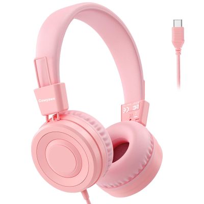Cowyawn USB Type C Kids Headphones for School, Wired Toddler Headphones, 94dB Volume Limited, HD Stereo Sound, Foldable Lightweight On-Ear Wired Headphones for Kids/Children/Teens/Boys (Light Pink)