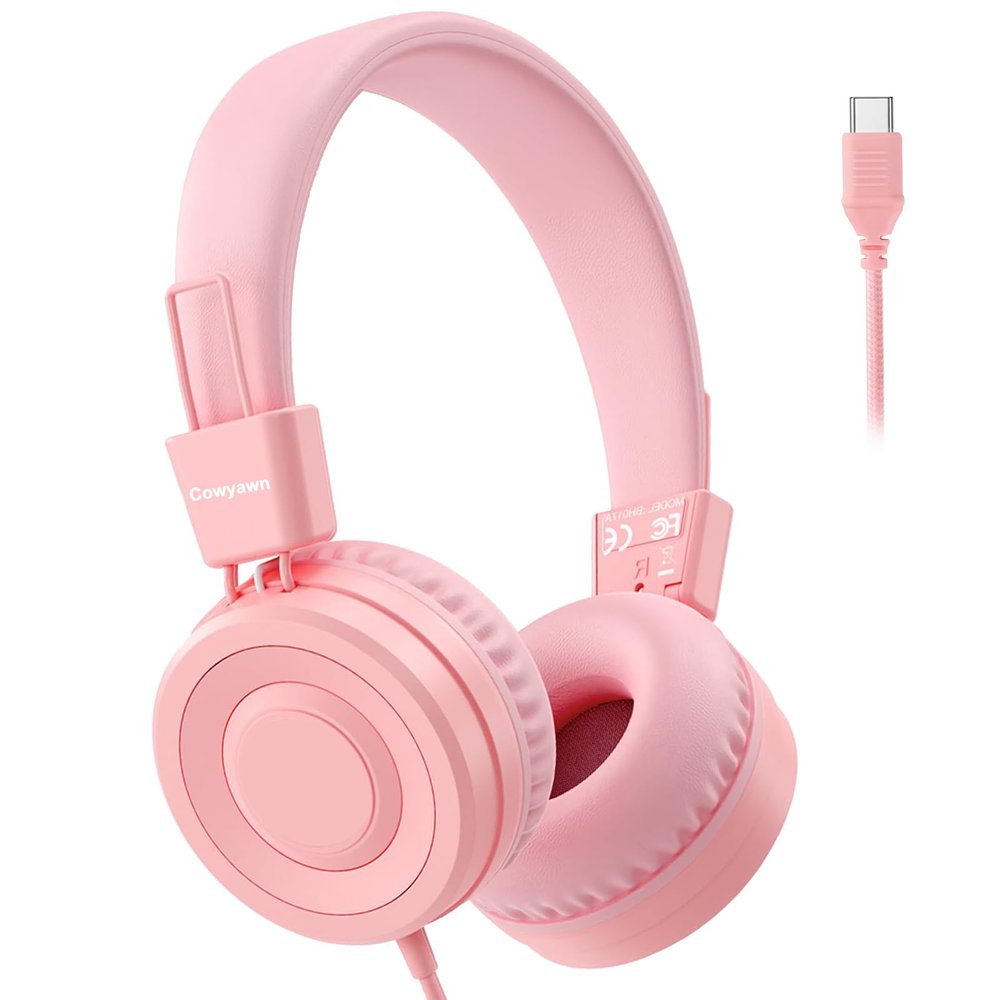 Cowyawn USB Type C Kids Headphones for School, Wired Toddler Headphones, 94dB Volume Limited, HD Stereo Sound, Foldable Lightweight On-Ear Wired Headphones for Kids/Children/Teens/Boys (Light Pink)