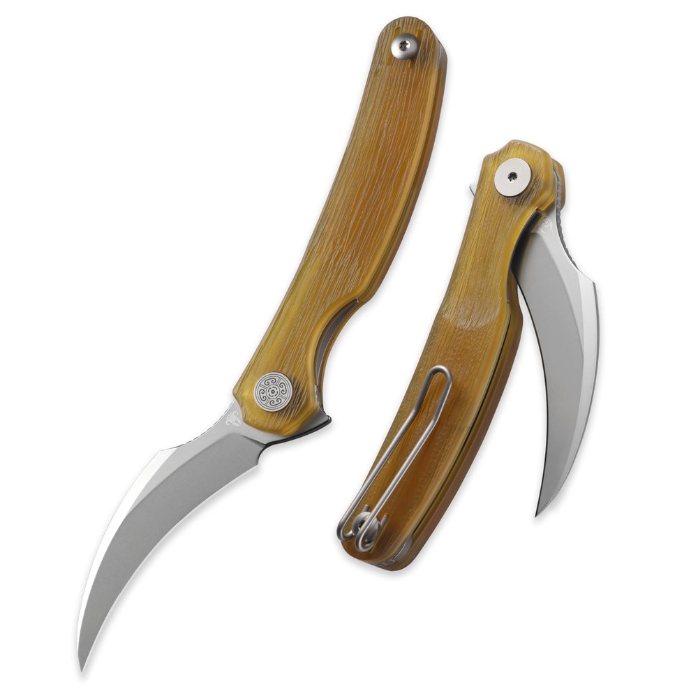 Cavol Mantis Flipper Pikal Knife,2.52" ELMAX Blade Folding Knife,Handmade Engraved Titanium Handle 4.2", EDC Pocket Knife (Yellow Engraved-Hyperfine Stonewashed)