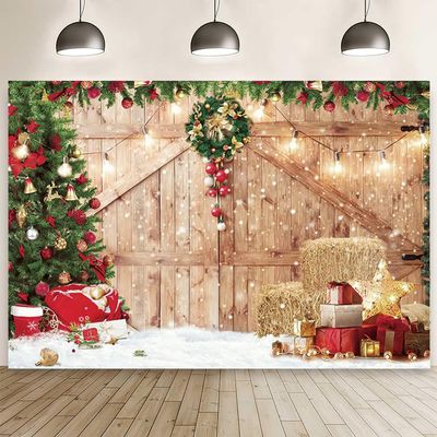 10x6.5ft Christmas Backdrop Snow Wooden Barn Door Xmas Trees Decorations Background Winter Snowflake Gifts Haystack Photography Banner Family New Year Gathering Party Photo Booth Props